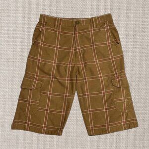 Sean John Khaki Tan Red Plaid Linen Blend Skater Mens Long Cargo Shorts Size 32